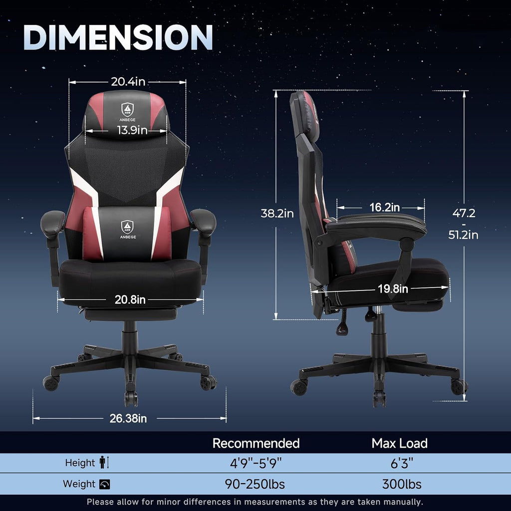 Ergonomic Mesh Video Gaming Chair with Footrest, Height Adjustable Computer Chair with Lumbar Support, High-Back Breathable Reclining Swivel Chair for Adults Home Office & Work (Red)
