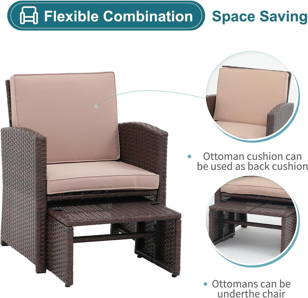 OC Orange-Casual 6 Piece Patio Wicker Furniture Set, Balcony All Weather Rattan Chair, with Space Saving Ottoman, Resin Nesting Coffee Table, Modern Design, Beige