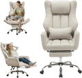 Ergonomic Cross Legged Office Chair with Footrest,Leather Big and Tall Executive Chair with Wheels,Reversible Armrest and Lumbar Pillow,155° Reclining Computer Wide Desk Chair for Home,Office (Beige)