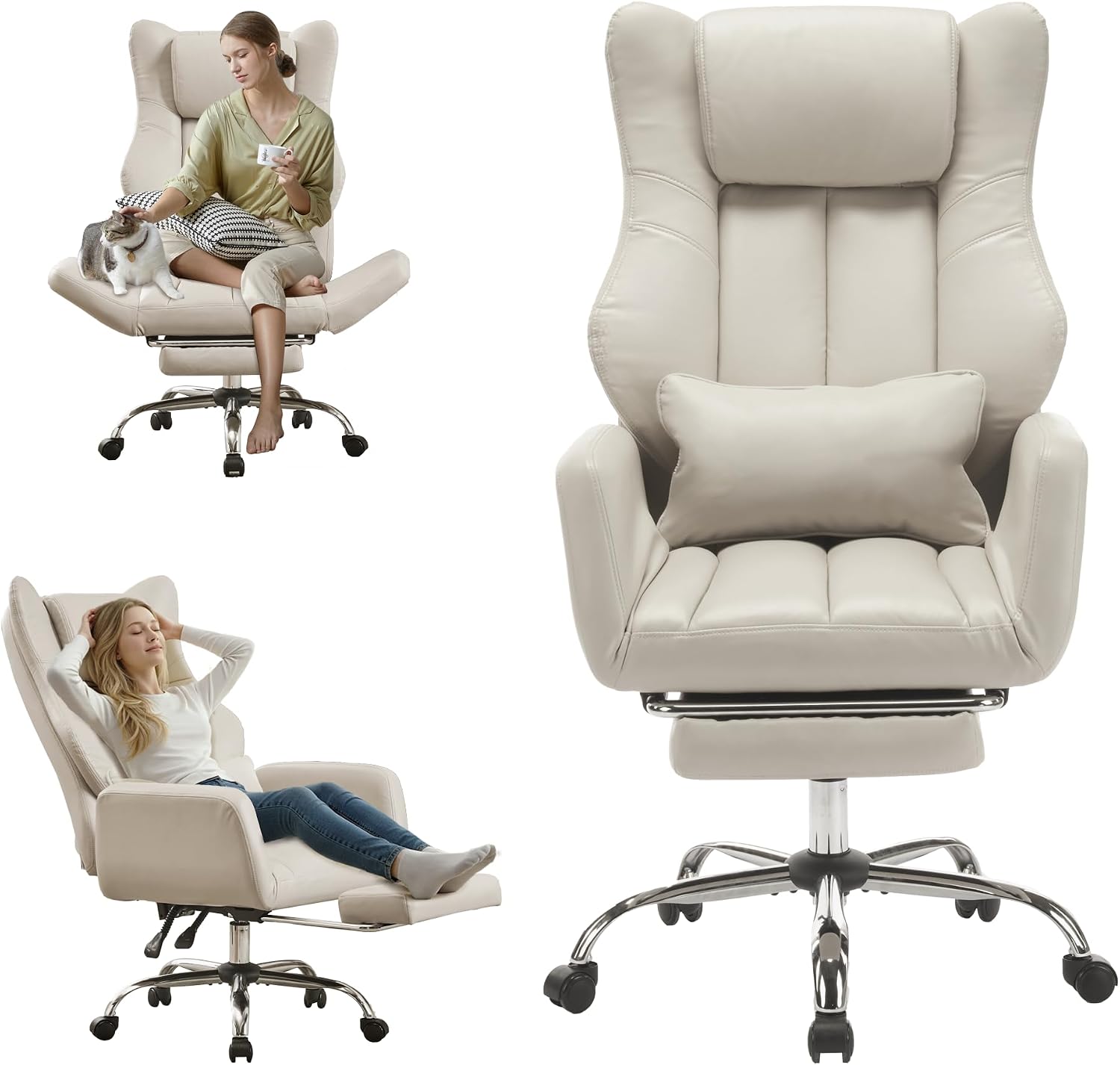 Ergonomic Cross Legged Office Chair with Footrest,Leather Big and Tall Executive Chair with Wheels,Reversible Armrest and Lumbar Pillow,155° Reclining Computer Wide Desk Chair for Home,Office (Beige)