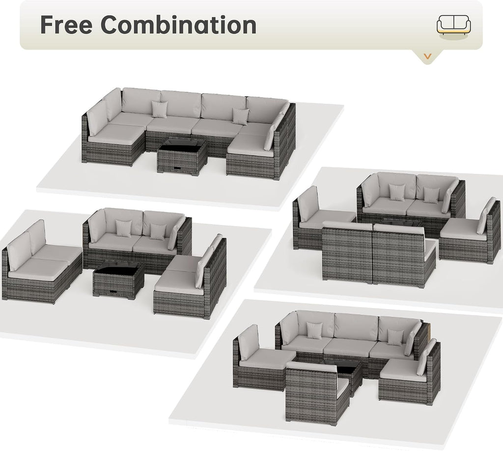 LHBcraft 7 Piece Patio Outdoor Furniture Set, Outdoor Sectional, All-Weather Hand-Woven Wicker Patio Sectional Sofa, Rattan Outside Furniture with Grey Cushion and Glass Coffee Table
