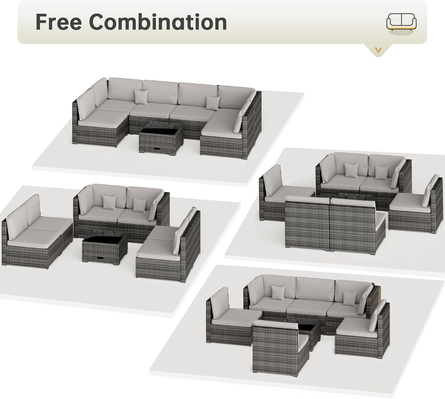 LHBcraft 7 Piece Patio Outdoor Furniture Set, Outdoor Sectional, All-Weather Hand-Woven Wicker Patio Sectional Sofa, Rattan Outside Furniture with Grey Cushion and Glass Coffee Table