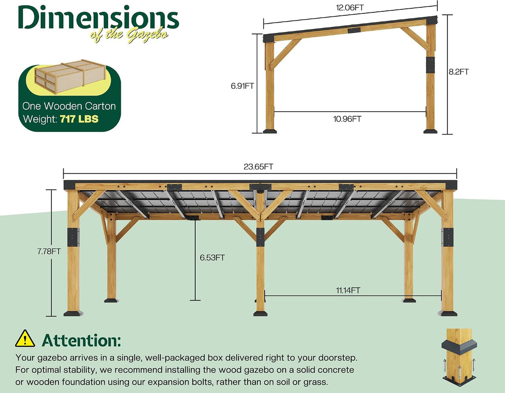 Jocisland 12' x 24' Cedar Wood Gazebo with Sloped Galvanized Steel Roof, Hardtop Gazebo Pavilion with Durable, Rot-Resistant Construction, Permanent Outdoor Pergola for Backyard, Garden & Deck
