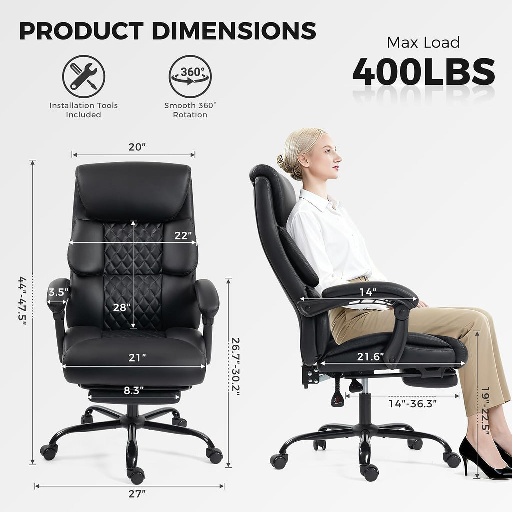 Office Chair, Executive High Back Leather Home Office Desk Chair with Footrest & Lumbar Support - Ergonomic Reclining Comfortable Wide Swivel Rolling Gaming Computer Chair 90-135° Adjustable Tilt Lock
