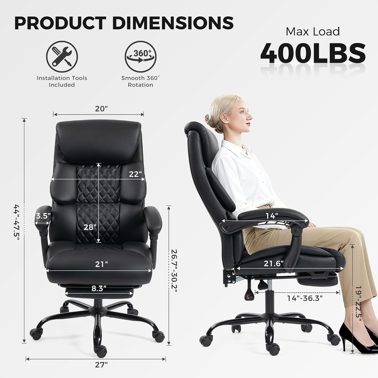 Office Chair, Executive High Back Leather Home Office Desk Chair with Footrest & Lumbar Support - Ergonomic Reclining Comfortable Wide Swivel Rolling Gaming Computer Chair 90-135° Adjustable Tilt Lock