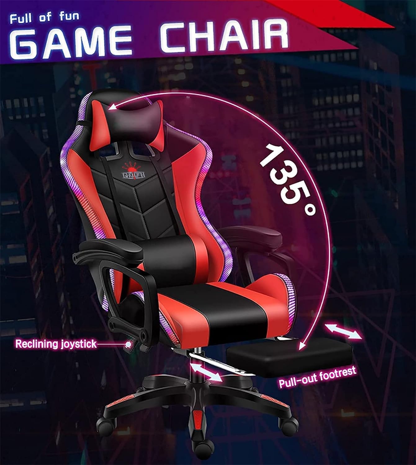 LED Gaming Chair with Speakers, Seven-points Massage Computer Chair with Footrest,Ergonomic Racing Office Chair PU Leather Recliner 360°Swivel Gamer Chair with Lumbar Support Headrest Armrest,Red