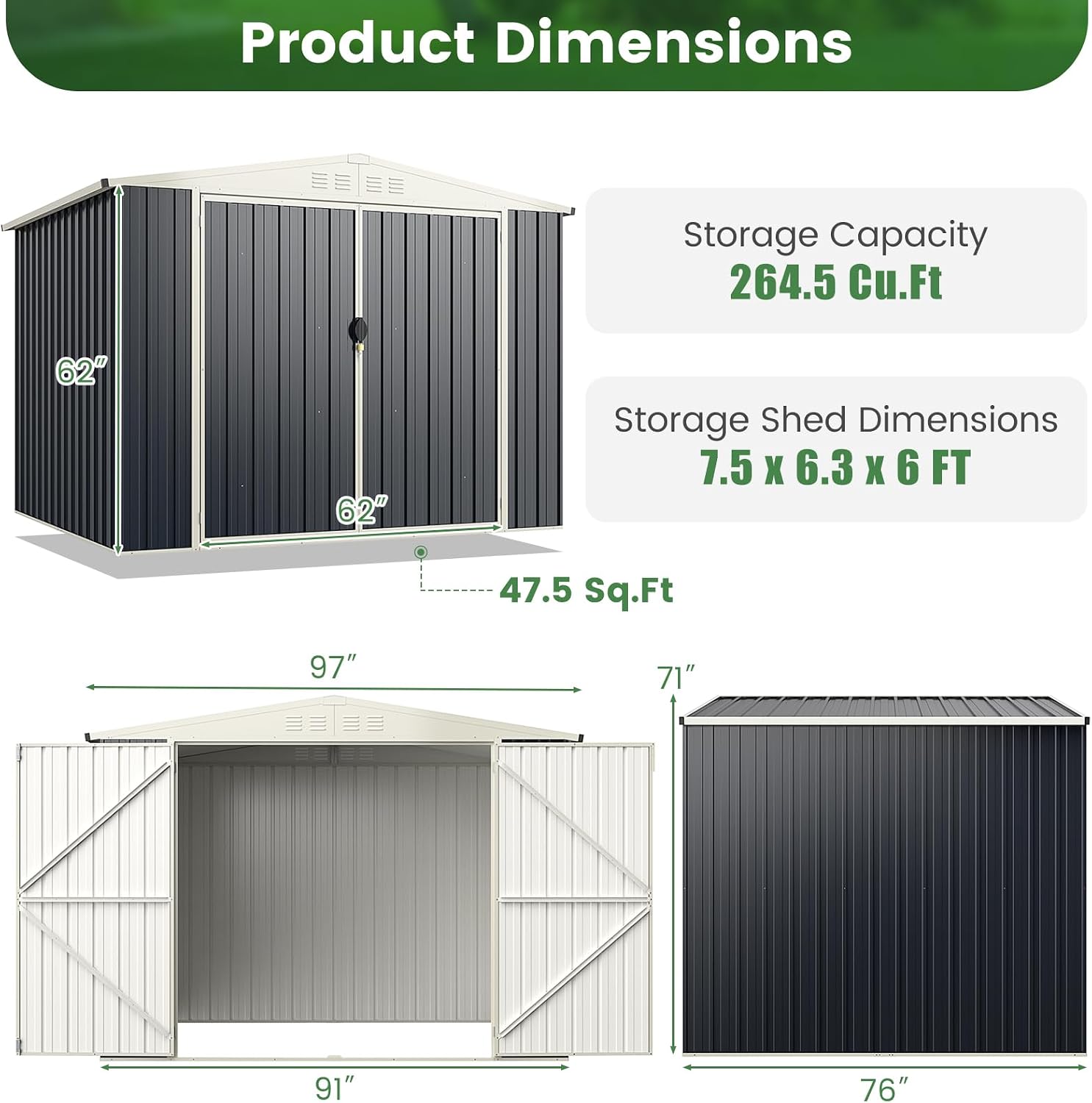 Goplus 7.5 x 6.3 FT Metal Storage Shed, All-Weather Galvanized Utility House w/Lockable Door, Easy Snap-On Sheds & Outdoor Storage for Garden, Back Yard, Lawn & Patio