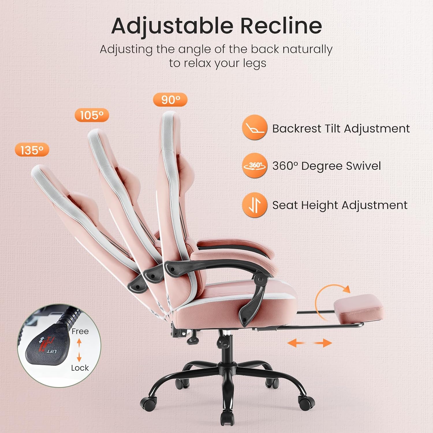 Sweetcrispy Video Gaming Chair - Ergonomic Desk Chair with Footrest and Lumbar Support, Height Adjustable High Back Task Chair with Linkage Armrests and Headrest, 360° Wheels, Pink