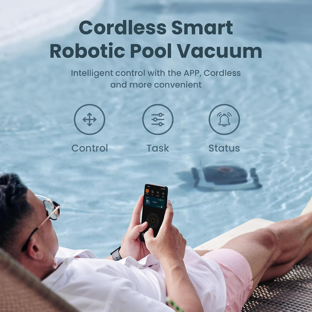 Cordless Robotic Pool Cleaner, Automatic Pool Vacuum with App, Lasts up to 240 Mins, Ultra-fine Dual Filter Ideal for Above/In-Ground Pools up to 1,076 Sq.ft