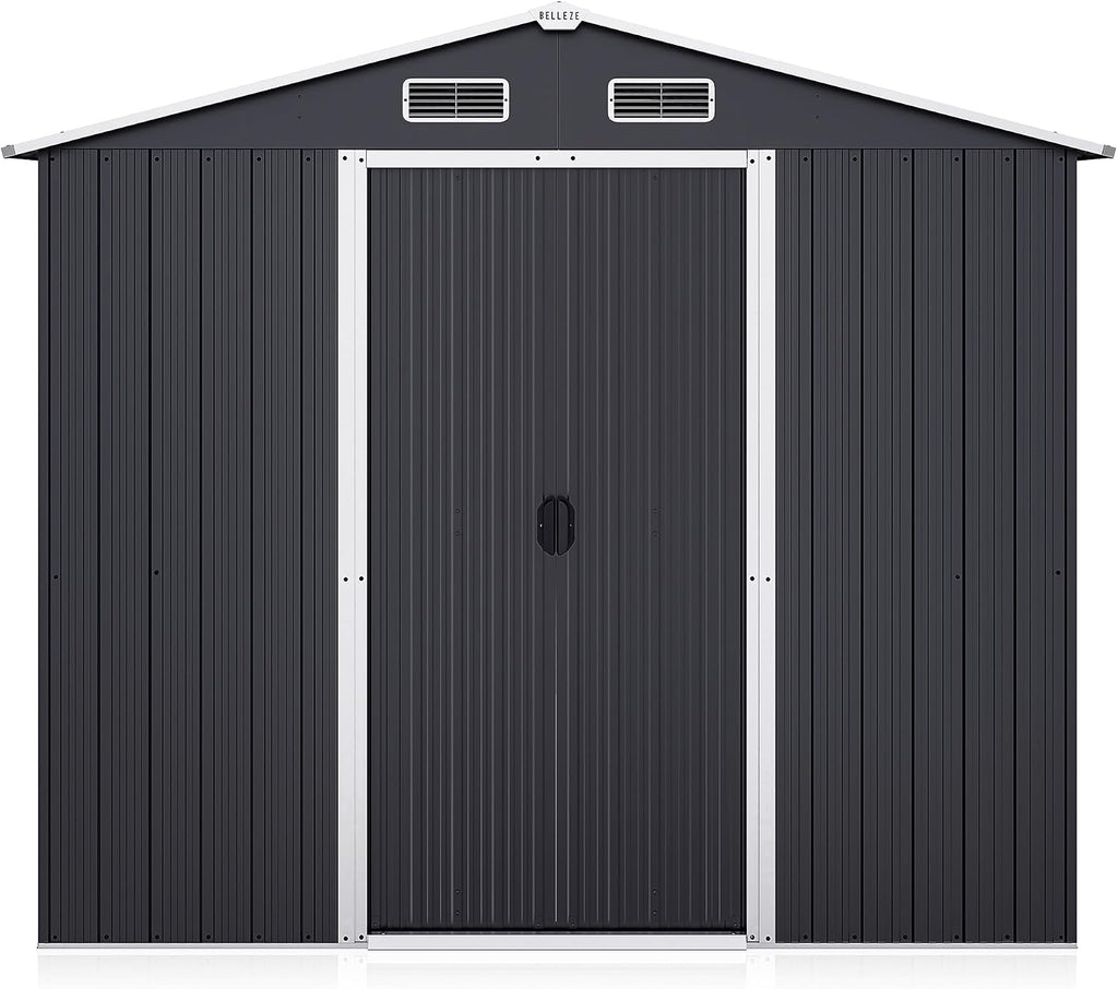BELLEZE 8 x 6 FT Weatherproof Garden Storage Shed, Reinforced Outdoor Metal Shed with Air Vent and Lockable Door, Storage Shed for Store Bike, Tools, Lawnmower, Outdoor Chairs in Backyard, Patio