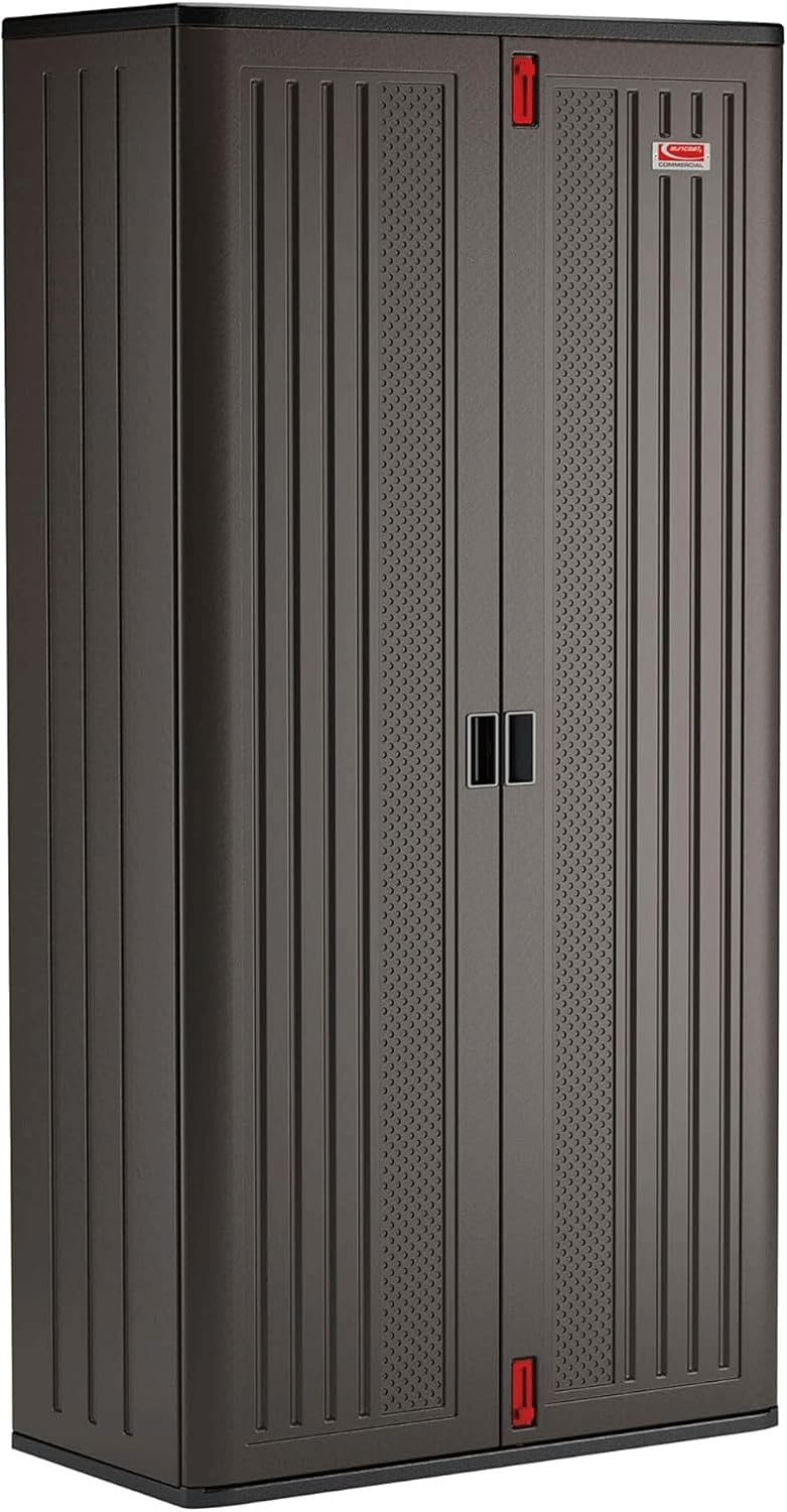 Suncast Commercial 4 Shelf Mega Tall Storage Cabinet, Lockable Garage Utility Shelving Unit, Heavy Duty Plastic Resin Organizer, Gray