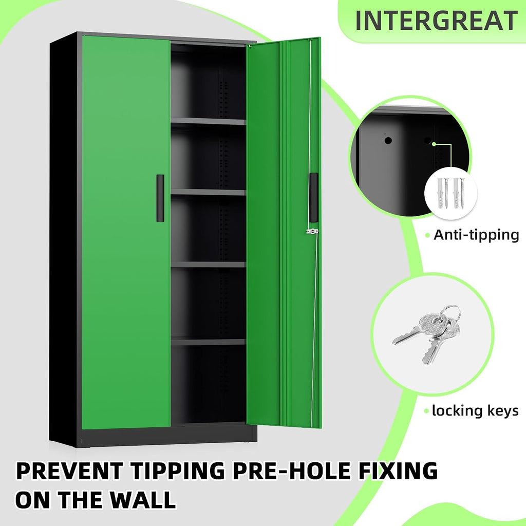 INTERGREAT Metal Storage Cabinet, 72' Locking Steel Cabinets with 2 Door and 4 Adjustable Shelves, Tall Metal Cabinet for Home Office, Garage, Warehouse,(Black+Green)