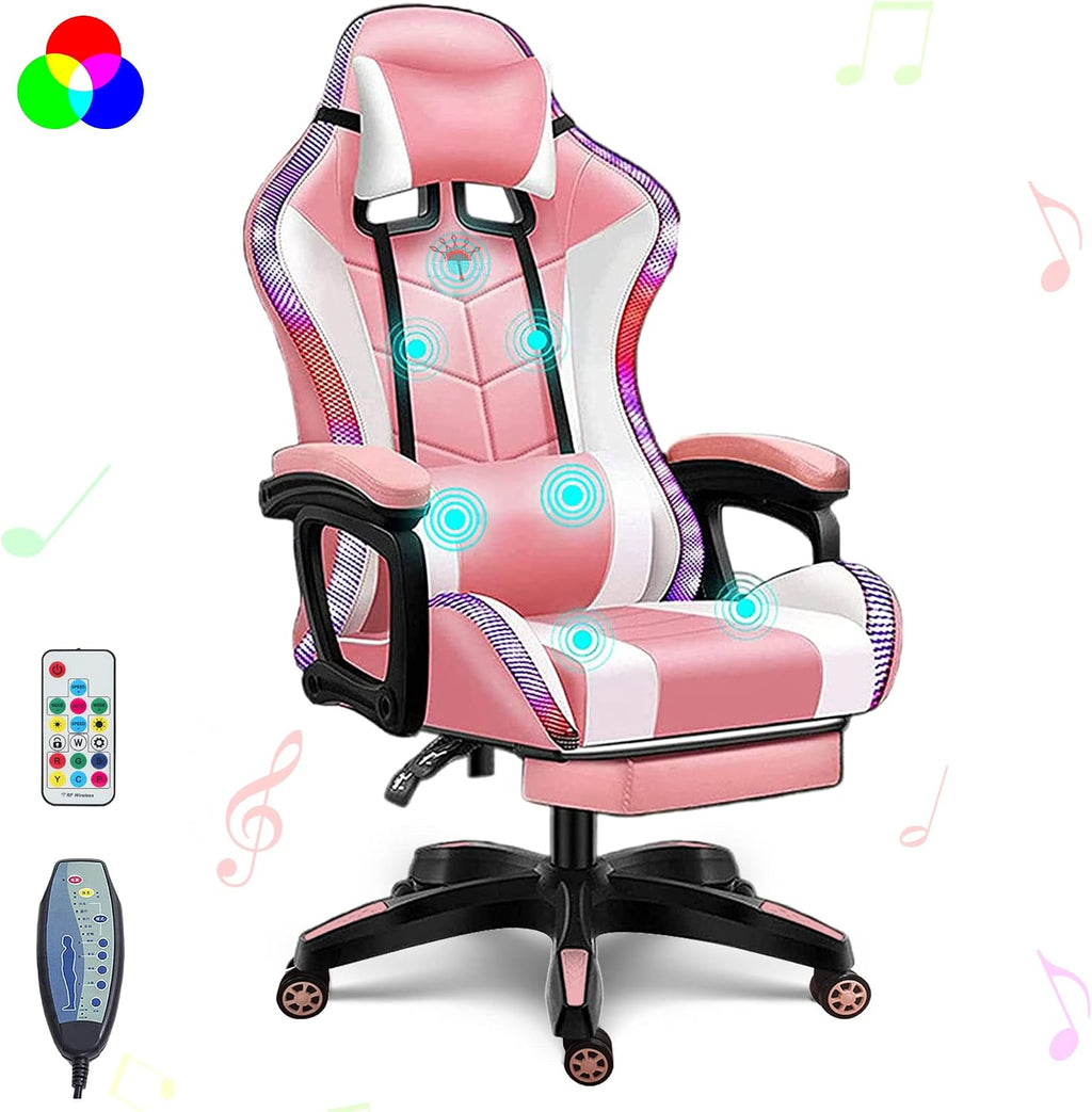 Gaming Chairs for Kids Adults Video Game Chair with LED Lights and Speakers Ergonomic 7-Point Massage Computer Chairs High Back Office Chair with Footrest and Lumbar Support Headrest,Pink