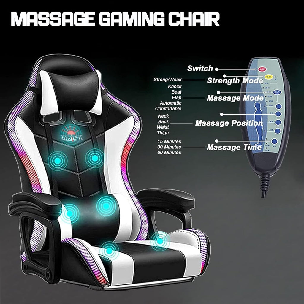 Gaming Chair with Bluetooth Speakers,Computer Chair Massage with LED Lights,Ergonomic Game Chair,Computer Stool with Footrest and Lumbar Support Height Adjustable with 360°-Swivel Seat (White)