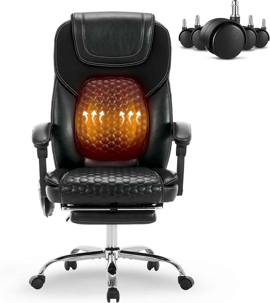 MALOL Massage Office Chair with Heat and Footrest - 3-Level 65°C Targeted Heating, 20-Min Assembly Leather Desk Chair, Big and Tall Executive Computer Chair with Side Pocket, 300 lbs, Black,Set of 2