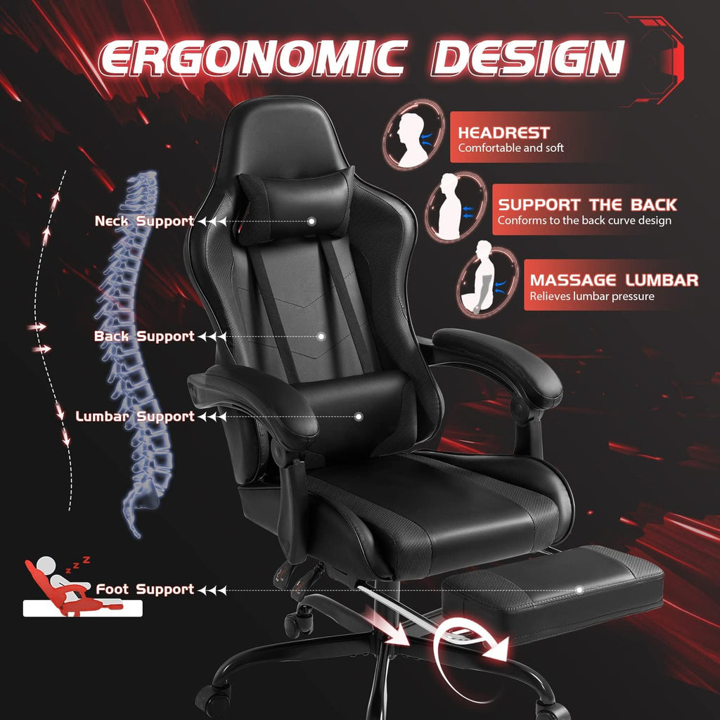 Shahoo Gaming Chair, Video Gaming Chair with Footrest and Lumbar Support, Ergonomic Computer Chairs with 360° Swivel and Height Adjustable, Spin Chair with Headrest for Home Office, Study Room (Black)