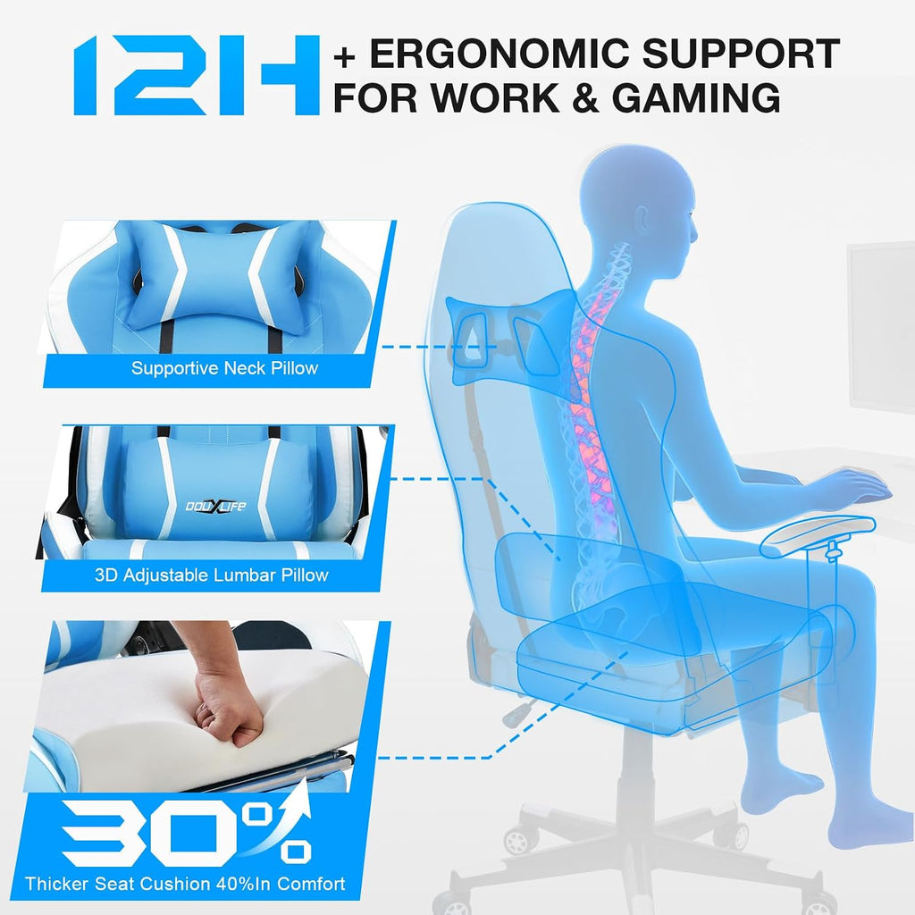 Douxlife 7-Point Massage Gaming Chair with Footrest, 400lbs Heavy Duty Ergonomic Computer Chair, 175° Reclining High Back Racing Seat for Adults with Adjustable Armrests & Lumbar Support, Bule White