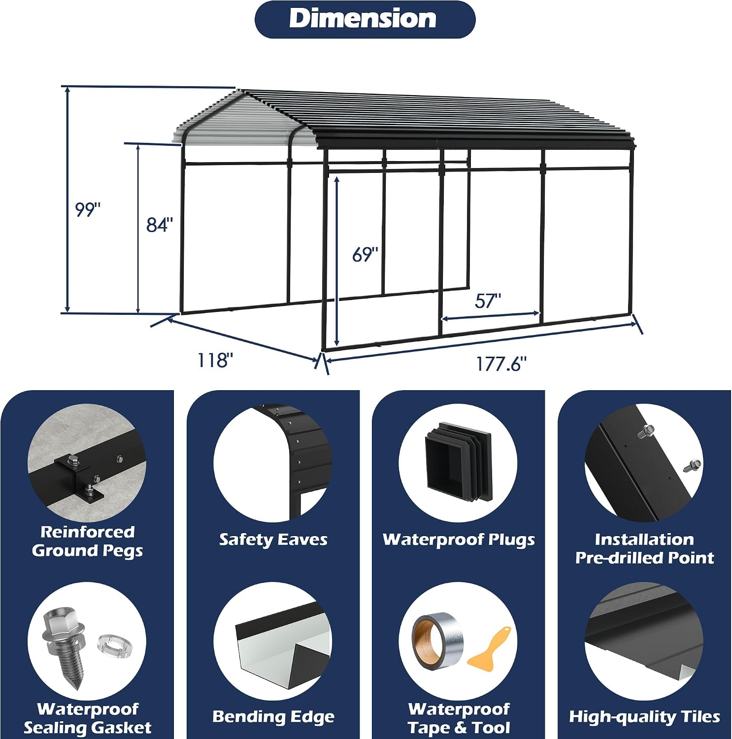 Xilingol Metal Carport, Heavy Duty Carport Canopy with Galvanized Steel Frame and Roof, Outdoor Storage Shed, Car Tent Garage Shelter for Pickup, Truck, Boat and Tractor (10x15 FT Black)