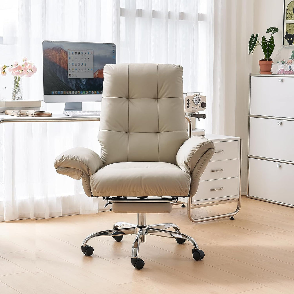 EMIAH Office Chair with Foot Rest Criss Cross Chair with Wheels and Flip-up Arms Reclining Desk Chair Comfy Wide Seat PU Leather Rolling Computer Home Office Chair (Beige)