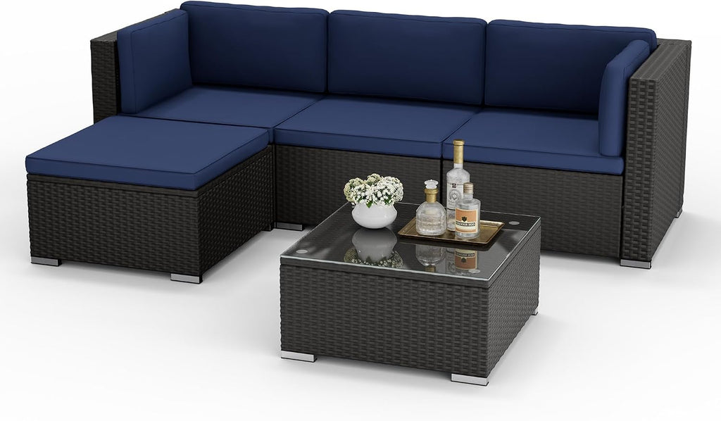 Oakcloud 5-Piece Outdoor Patio Furniture Sofa Set Black Rattan Wicker Sectional Conversation Sets with Glass Top Table and Cushions(Dark Blue)