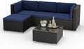Oakcloud 5-Piece Outdoor Patio Furniture Sofa Set Black Rattan Wicker Sectional Conversation Sets with Glass Top Table and Cushions(Dark Blue)