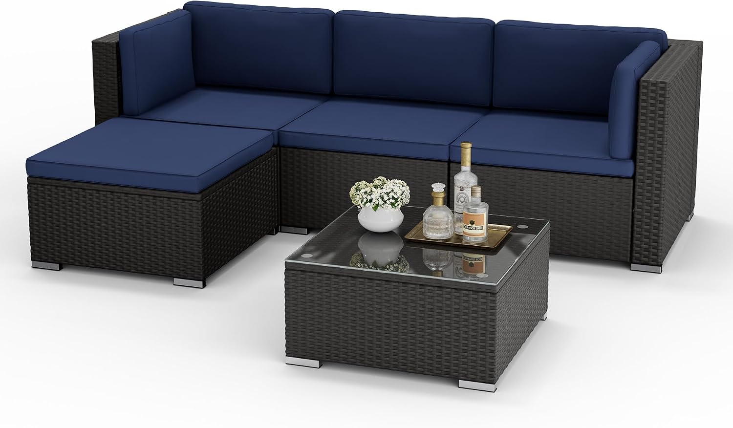 Oakcloud 5-Piece Outdoor Patio Furniture Sofa Set Black Rattan Wicker Sectional Conversation Sets with Glass Top Table and Cushions(Dark Blue)