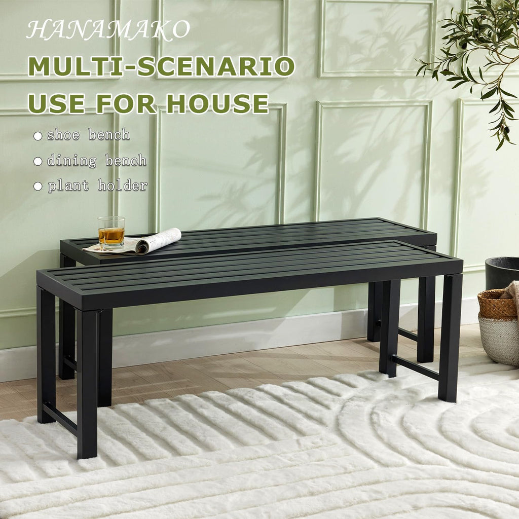 Outdoor Metal Backless Bench, Set of 2,Weatherproof Patio Bench with Slatted Seat, All-Weather Garden Bench for Porch, Patio, Lawn and Backyard, Black