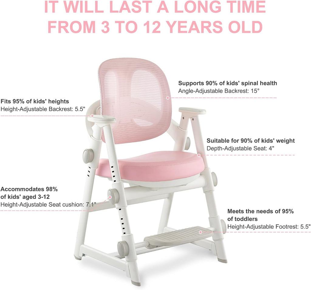 Ergonomic Kids' Study Chair, Height Adjustable Kids Desk Chair for Boys Girls,Comfortable for Teenagers Playing, Drawing, Ideal Gift for Children,Students（Pink）