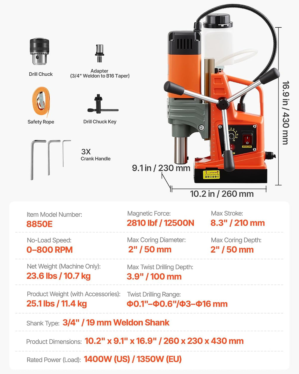 VEVOR Magnetic Drill Press, 1400 W, 2 in Boring Diameter, 2810 lbf Power Portable Mag Drill Press, 0–800 RPM Adjustable Speed, with Weldon Shank, for Metal Surface, Industrial and Home Improvement