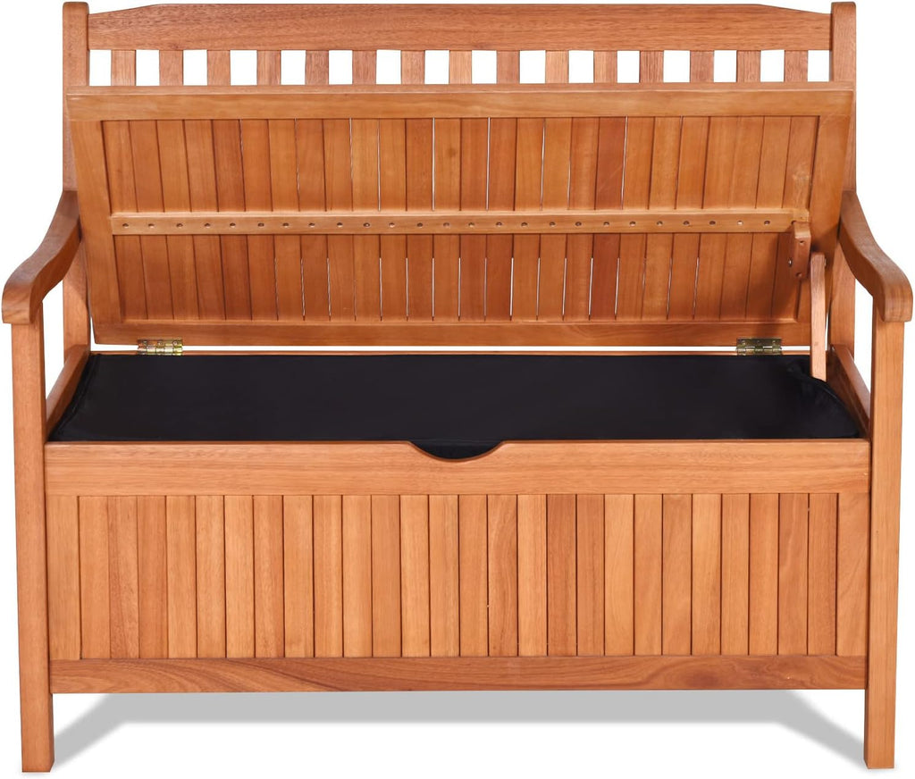 Foldable Outdoor Bench, Garden Bench w/High Back & Armrest, Acacia Wood Bench, 4 FT 2-Person Loveseat Chair for Front Porch, Patio, Backyard & Balcony, Teak Finish (w/Storage, Natural)