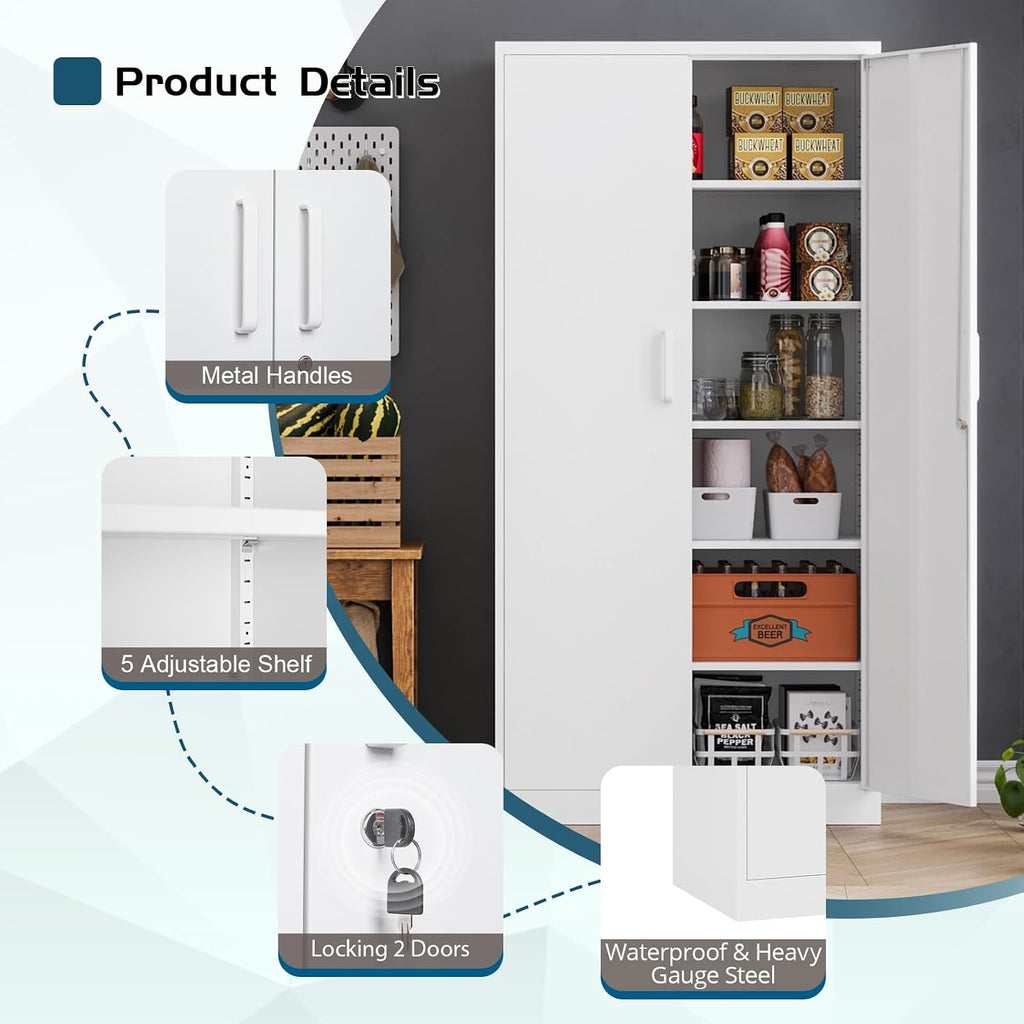 MIIIKO Metal Storage Cabinet with Lock, 71' Steel Storage Cabinet with 2 Doors and 5 Adjustable Shelves, for Office, School.