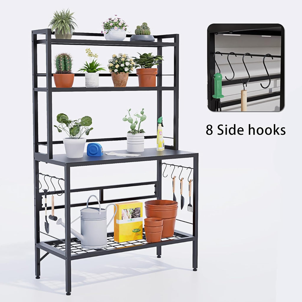 Outdoor Potting Bench Table with Storage, 63' Tall Metal Garden Workstation, 4-Tier Plant Stand Shelves with 8 Hooks, Heavy Duty All-Weather Potting Table for Patio, Backyard, Balcony, Black