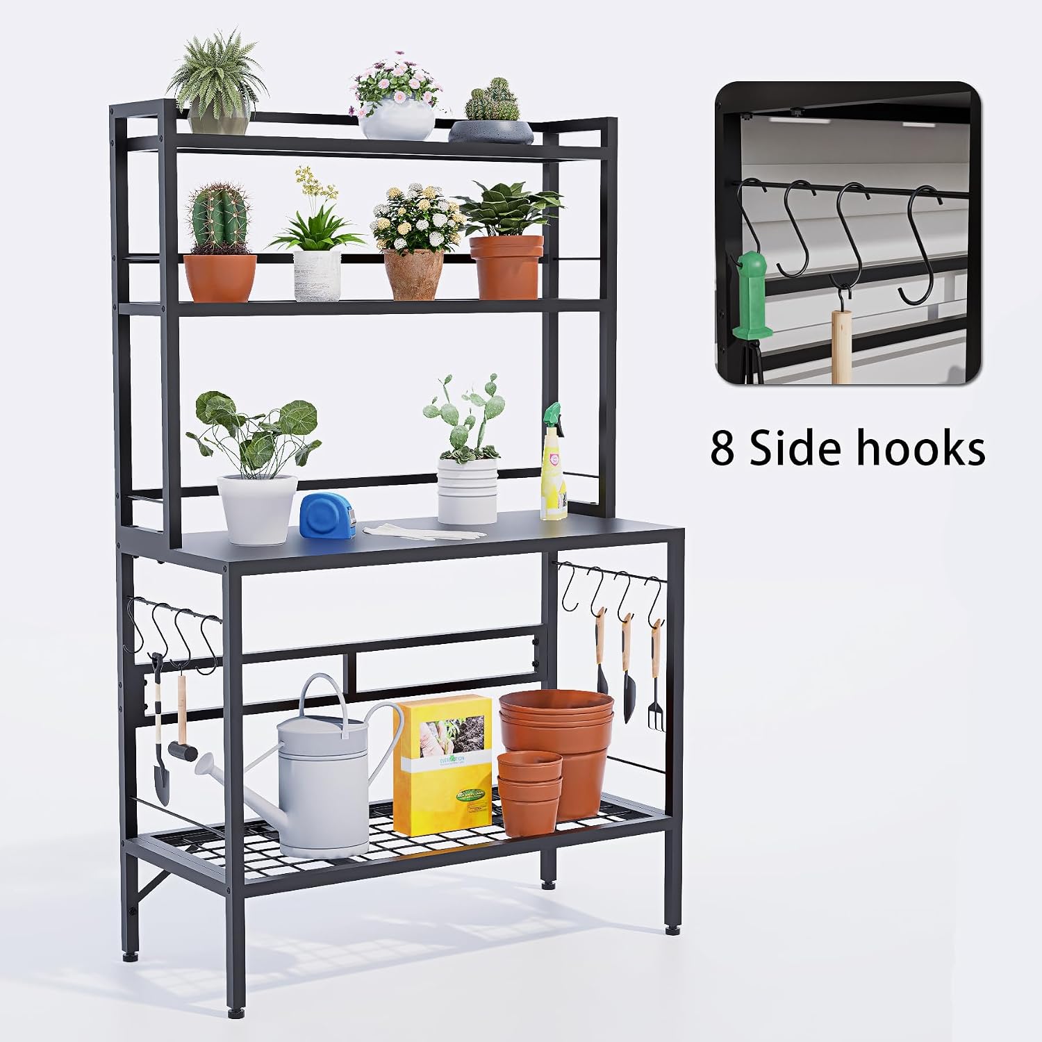 Outdoor Potting Bench Table with Storage, 63' Tall Metal Garden Workstation, 4-Tier Plant Stand Shelves with 8 Hooks, Heavy Duty All-Weather Potting Table for Patio, Backyard, Balcony, Black