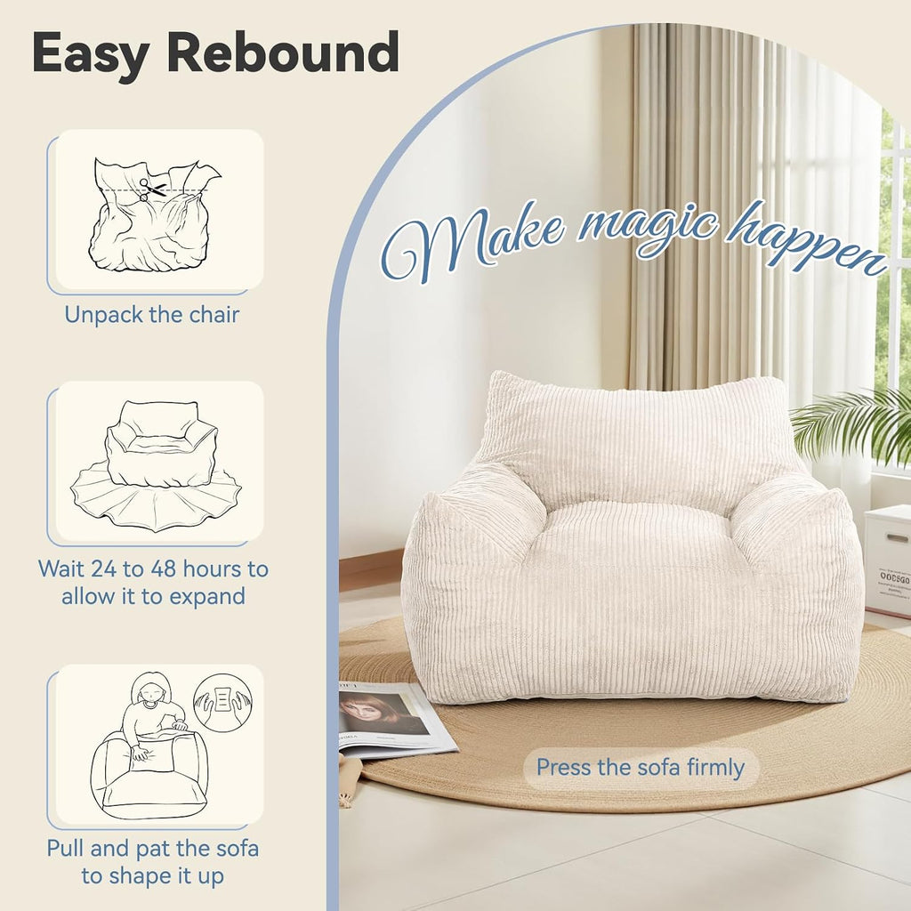 Bean Bag Chair with Ottoman, Cloud Boneless Couch - Oversized Memory Foam Beanbag Set, Ultimate Gift for Adults & Teens, Plush Corduroy Comfy Lounge Sofa for Bedroom, Dorm & Living Room (Beige)
