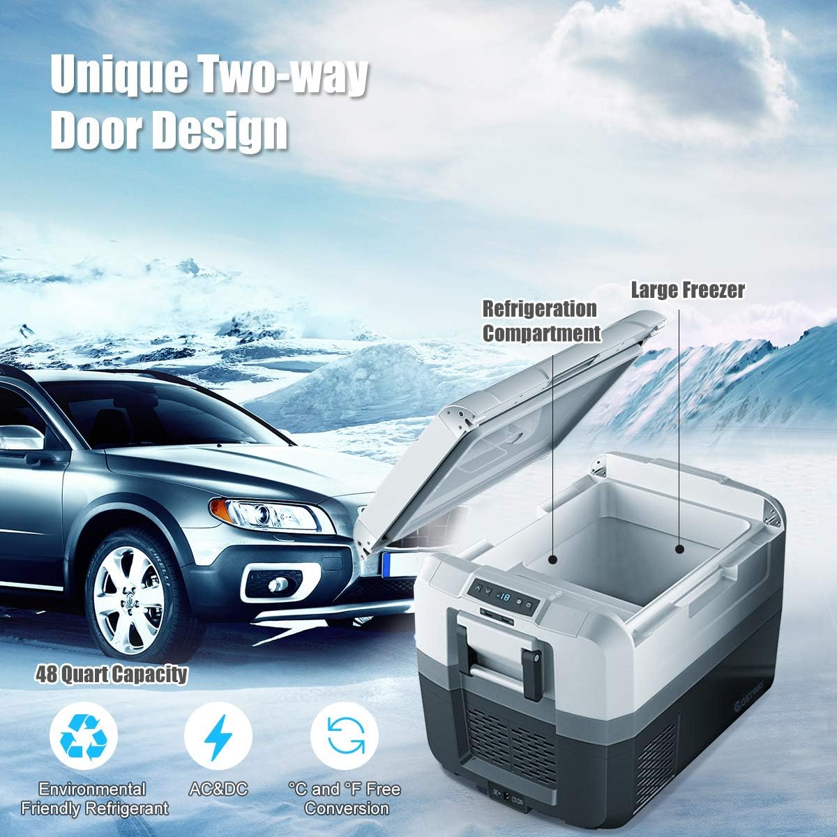 COSTWAY Portable Car Refrigerator, -14.8°F to 50°F, 48-Quart Compressor Travel Fridge with Two-way Open Door, Operating Panel, Groove Design, Compact RV Freezer and Cooler for Outdoor and Home Use