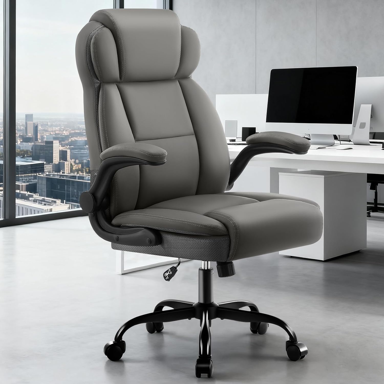 AreShark Ergonomic Office Chair with High Back Headrest,PU Leather Executive Desk Chair Padded Flip-Up Armrests,Lumbar Support,Swivel Computer Chair for Home Office & Gaming,Gray