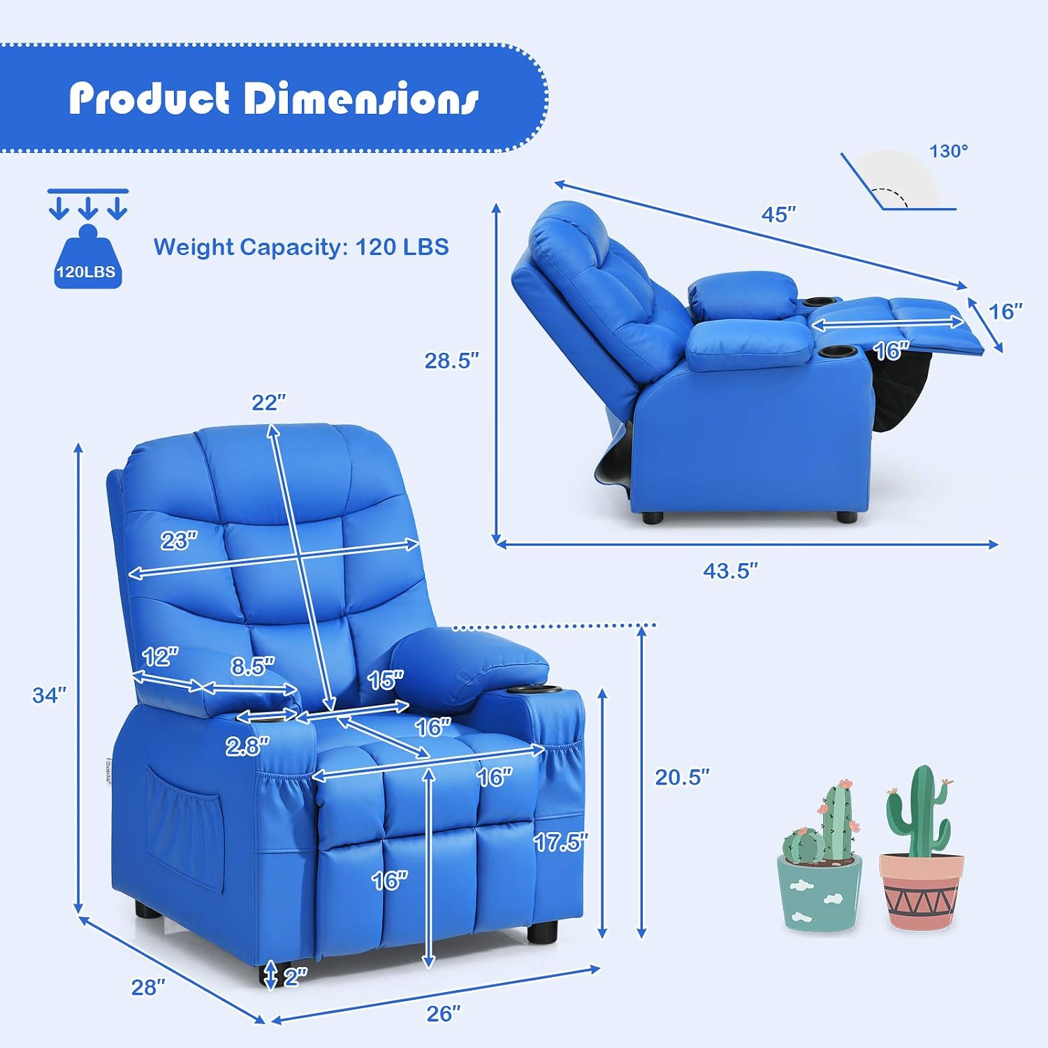 MAT EXPERT Kids Recliner, Leather Adjustable Reading Gaming Chair w/ 2 Cup Holder, 3 Side Pocket Storage & Footrest, Kids Couch Toddler Lounge Chair for Boys Girls, Kids Room Playroom Nursery (Blue)