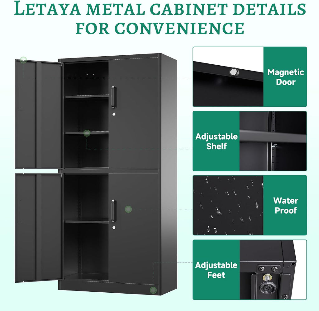 Letaya Metal Storage Cabinet with Lock Door, Adjustable Shelf Steel Cabinets for Office, Home,Pantry,Kitchen,Garage Utility Cabinet (4 Door-Black)