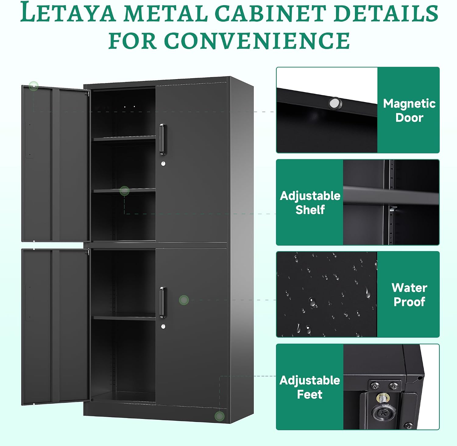 Letaya Metal Storage Cabinet with Lock Door, Adjustable Shelf Steel Cabinets for Office, Home,Pantry,Kitchen,Garage Utility Cabinet (4 Door-Black)