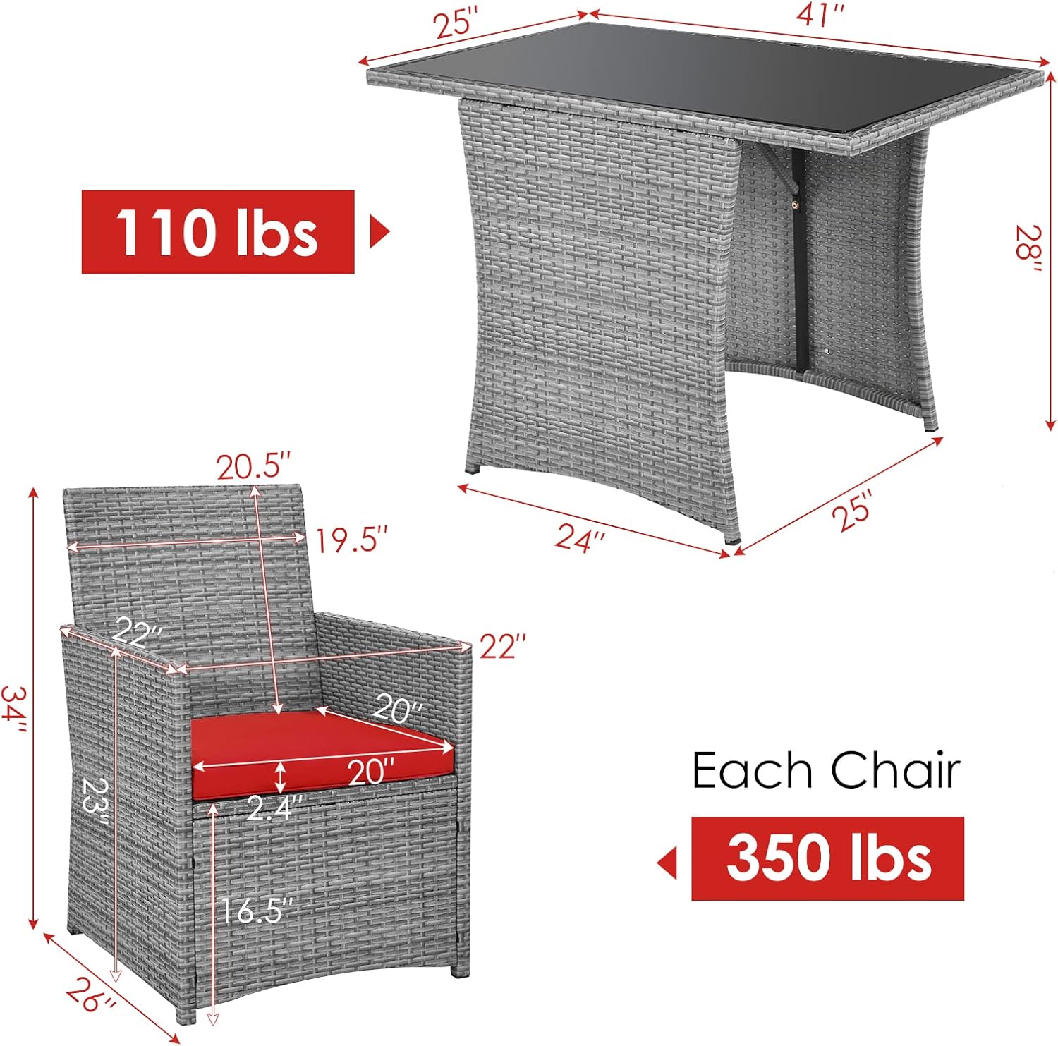 HAPPYGRILL 3 Piece Patio Furniture Set, Outdoor PE Rattan Wicker Bistro Set with Washable Cushions & Tempered Glass Table, for Backyard Porch Garden Balcony Poolside