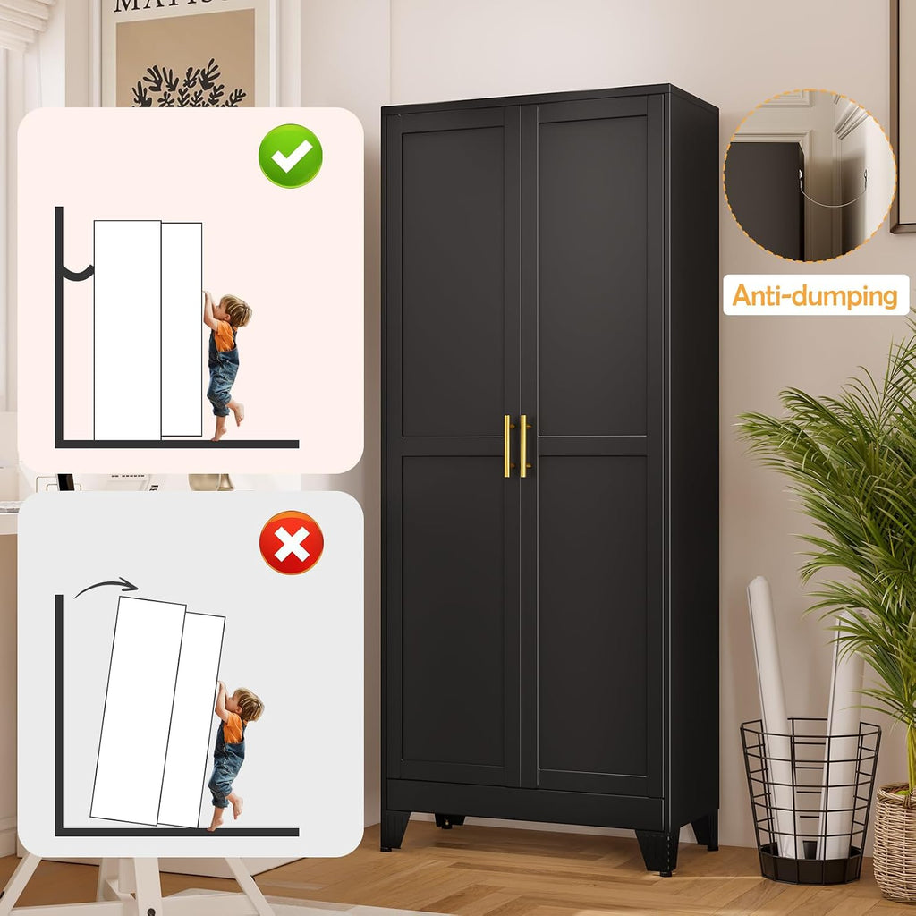 Black Pantry Storage Cabinet,71' Kitchen Pantry with Doors and 4 Adjustable Shelves, Metal Storage Cabinet, for Office, Home, Garage, School