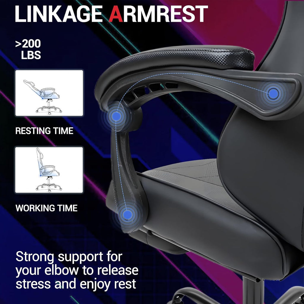 Gaming Chair, Video Game Chair with Footrest and Massage Lumbar Support, Height Adjustable Ergonomic Computer Chair with Swivel Seat and Headrest for Home Office Gaming, Black