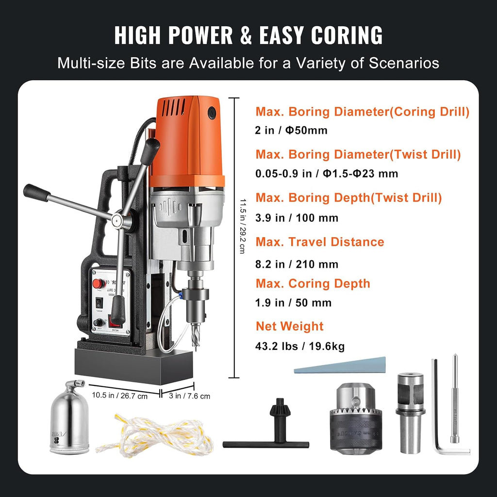 VEVOR 1680W MD50 Magnetic Drill 300 RPM Spindle Speed Electric Magnetic Drilling System with 2 Inch Boring Diameter and 2900 LBS Magnet Force