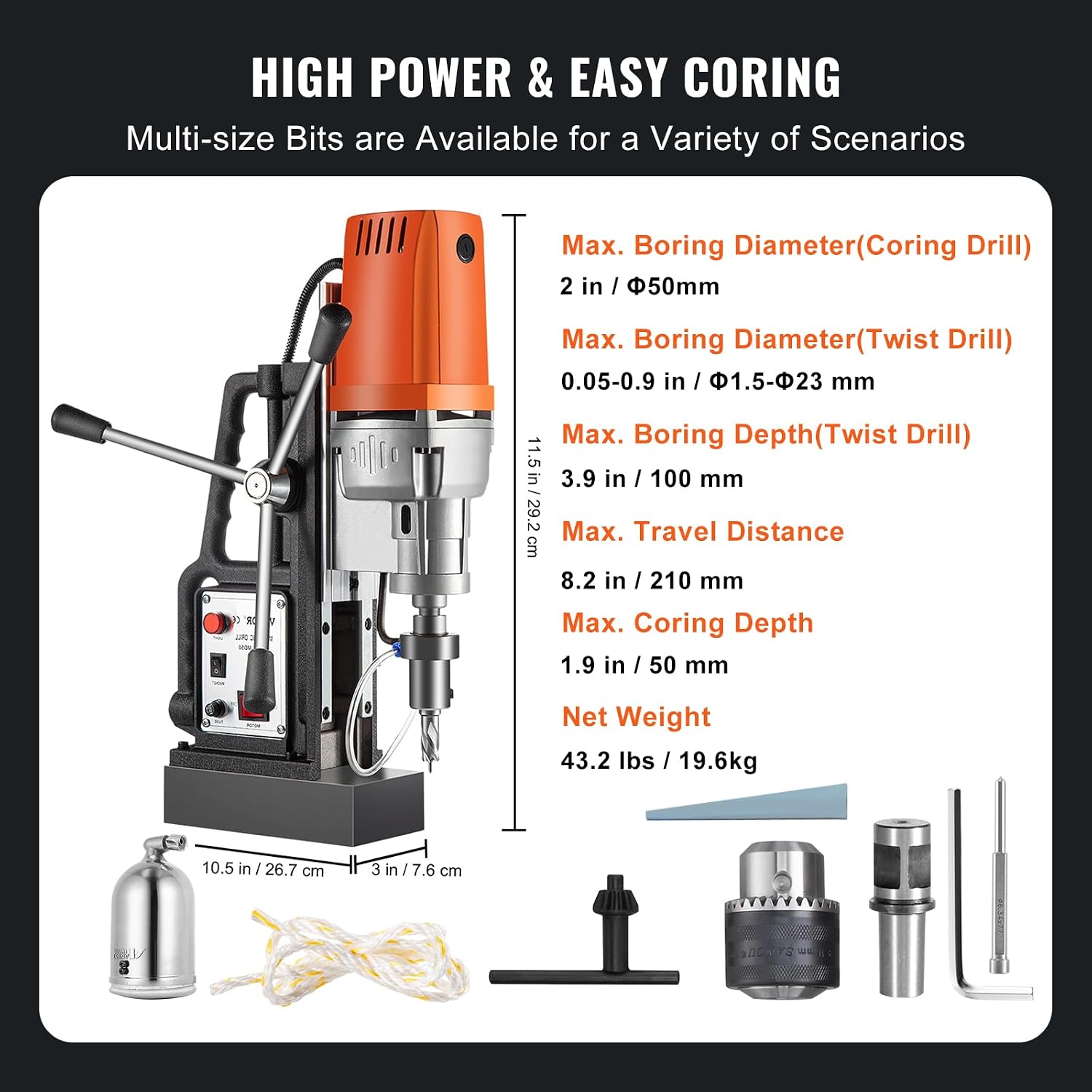 VEVOR 1680W MD50 Magnetic Drill 300 RPM Spindle Speed Electric Magnetic Drilling System with 2 Inch Boring Diameter and 2900 LBS Magnet Force