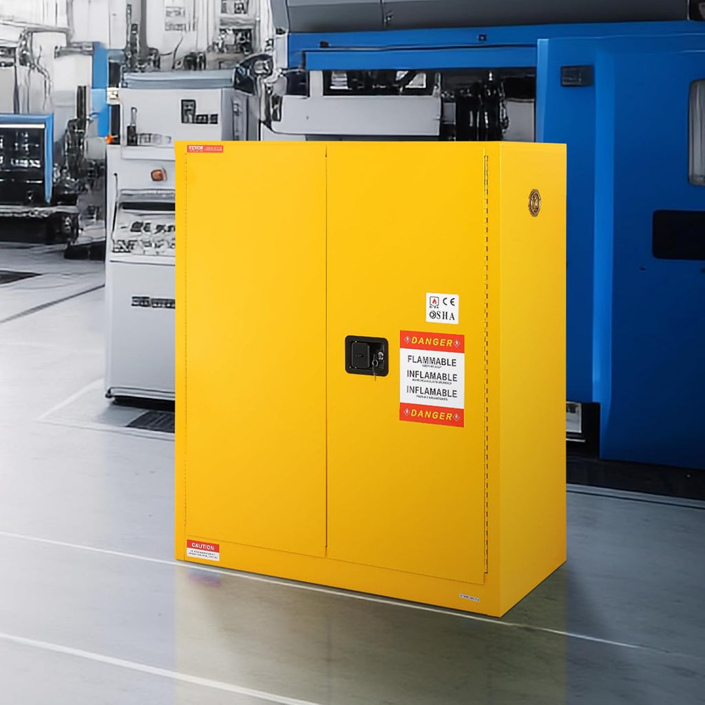 VEVOR Flammable Safety Cabinet 43.1 x 18.1 x 50.1, Cold-Rolled Steel Flammable Liquid Storage Cabinet 34 Gal with 2 Adjustable Shelves/2 Manual Closing Doors for Industrial Use, Yellow