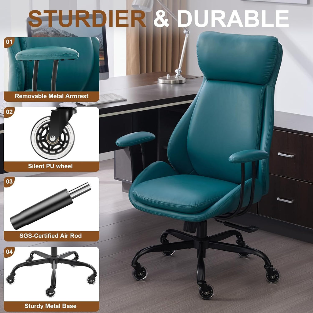 E-Motie Office Chair, Leather Desk Chair with Rubber Wheels, Ergonomic Computer Chair 500 LBS with Lumbar Support, High Back Executive Chair for Modern Home Office, Green