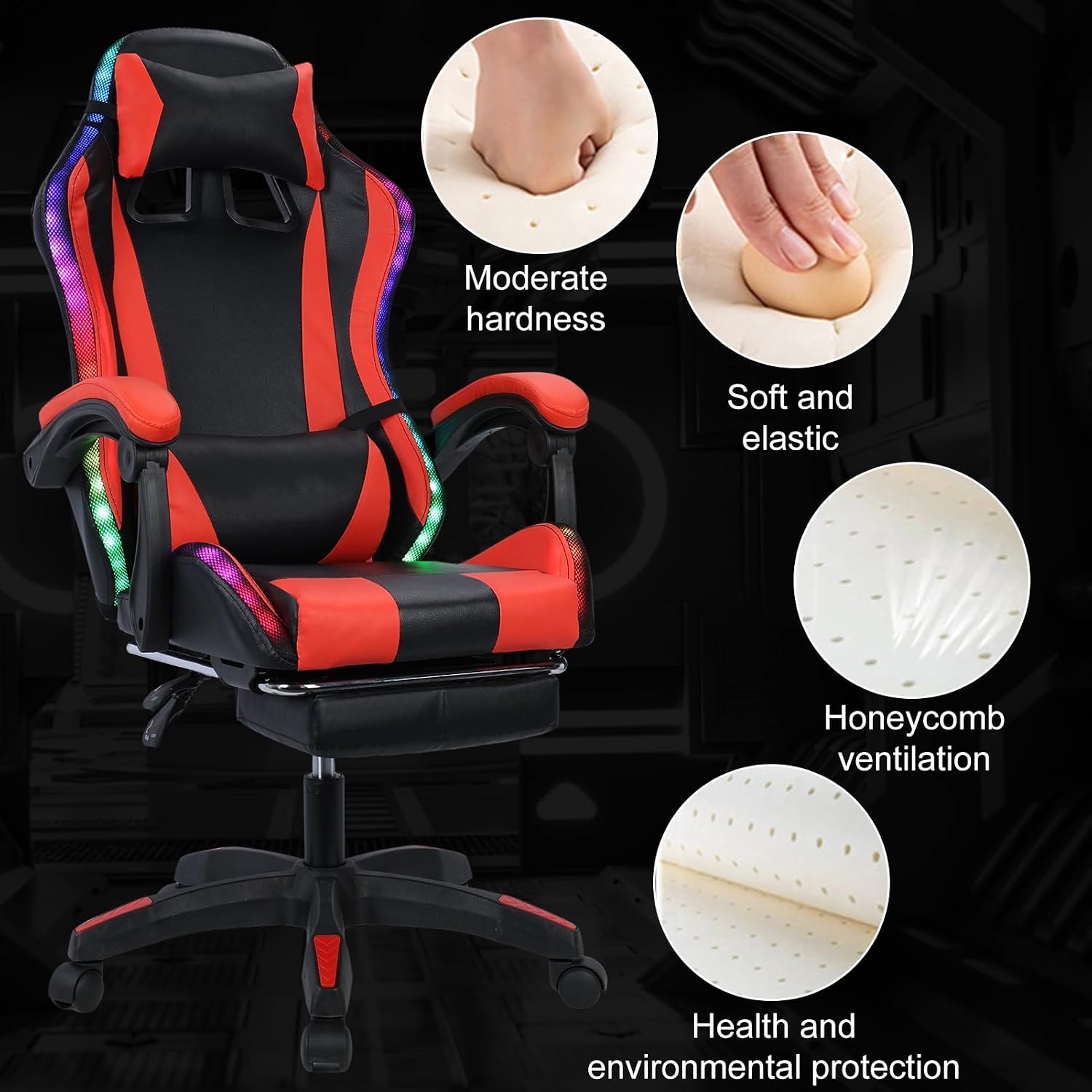 Gaming Chair,Gaming Chairs with Footrest, Led Gaming Chairs with RGB Lights,Comfortable Massage Gaming Chair,Ergonomic Game Chai rfor Adults,Video Game Chairs with High Back Lumbar Support (RED)