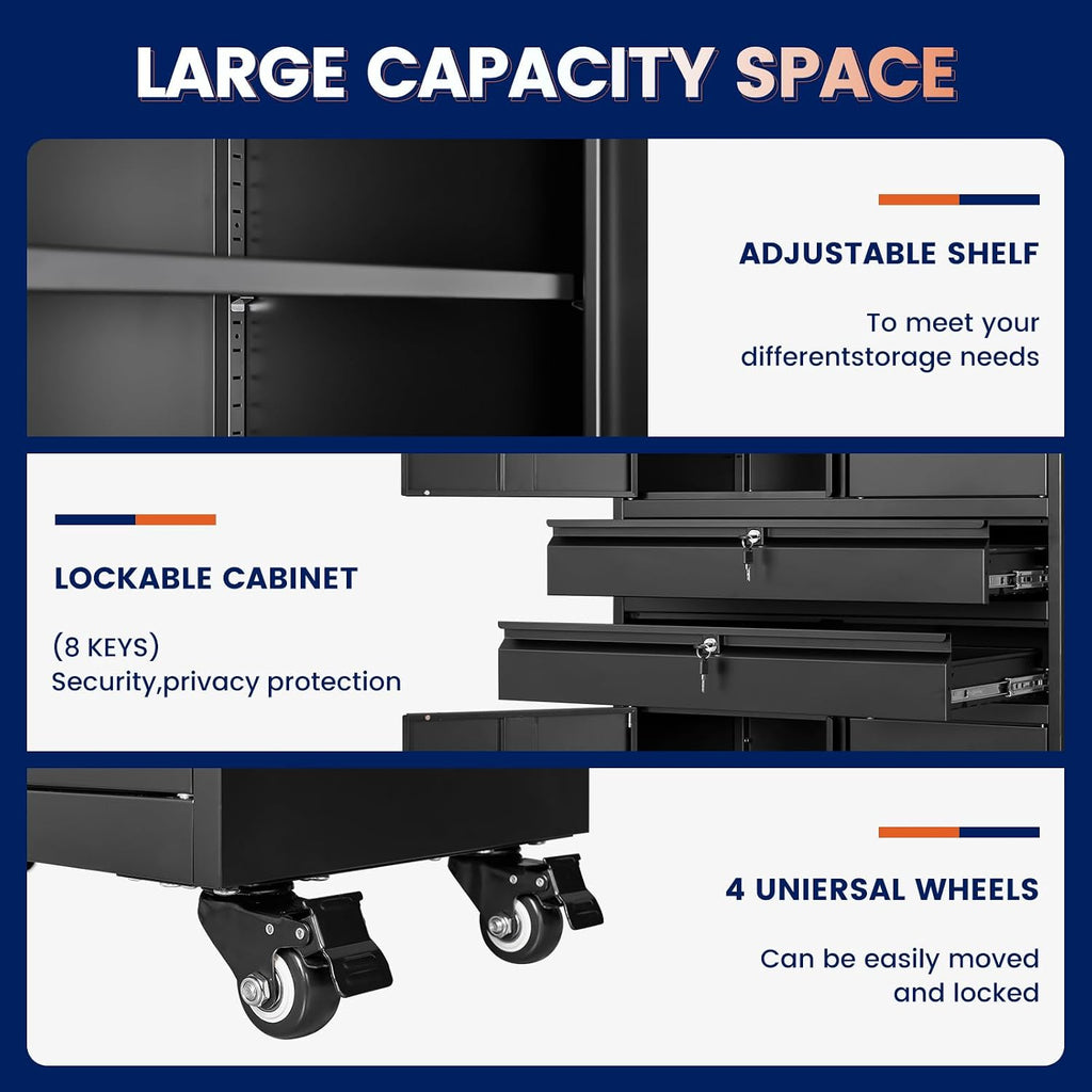 Yizosh Metal Garage Storage Cabinet with Locking Doors and Adjustable Shelves, 74' Rolling Tool Storage Cabinet with 4 Wheels and 2 Drawer for Garage,Warehouse