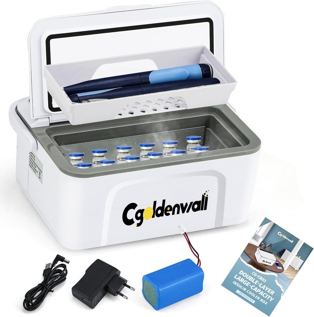 CGOLDENWALL Portable Insulin Cooler Box for Max.12 Pens, 7.5 * 3 * 2.7inches Internal Capacity 32-64℉ Setting with 5V 13600MAH Battery Mini Medicine Refrigerator for Home &Outdoor Use