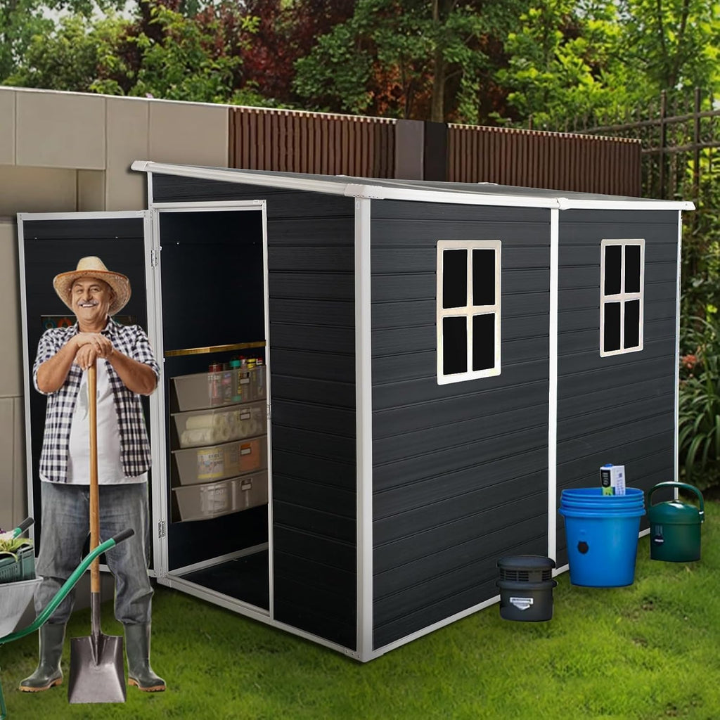 KUIKUI Shed with Floor Included, 8x4ft Storage Sheds, Plastic Lean to Backyard Shed with 2 Windows and Lockable Door, for Garden Tools, Bike, Carbon Black